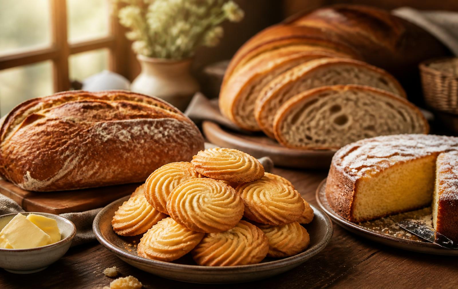 Biscoitos, pães e bolo caseiro sobre mesa de madeira